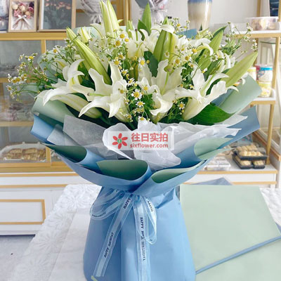 大庆8支白色多头百合洋甘菊，互倾的思念